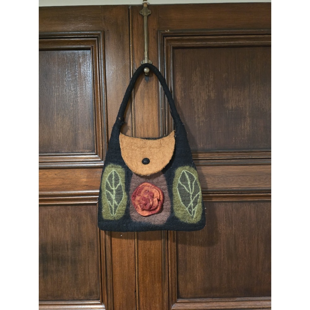 Rising Tide Felted Wool Purse Boho Shoulder Bag Floral Black , Browns & Greens.